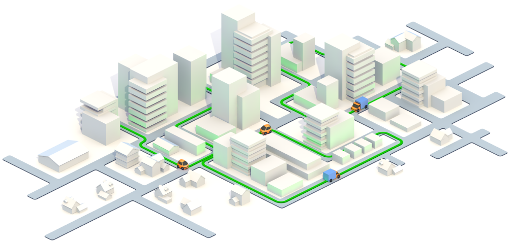3D isometric city map with white buildings and roads. Green lines indicate optimized delivery routes connecting various locations. Small colored vehicles represent efficient route planning.
