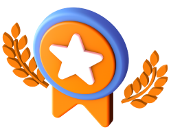 3D icon of an orange medal with a white star, encircled by a blue ring.